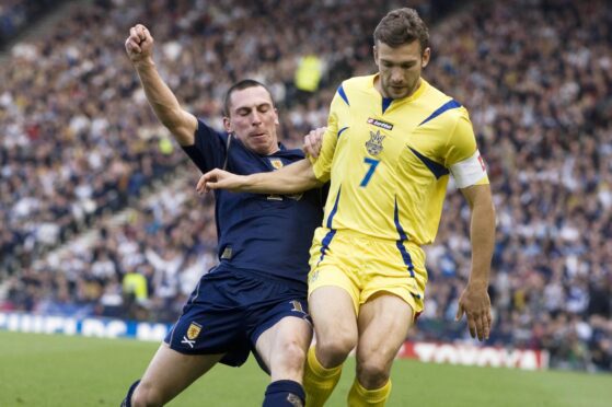 Scotland’s Scott Brown tackles Andriy Shevchenko when Ukraine last visited Hampden in 2007