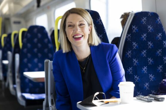 Jenny Gilruth MSP, Scottish Government Minister for Transport on the 12:15 from Glasgow Queen Street bound for Edinburgh Waverley.