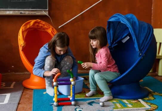 Girls play at refuge for displaced families 
in Berehove, western Ukraine.