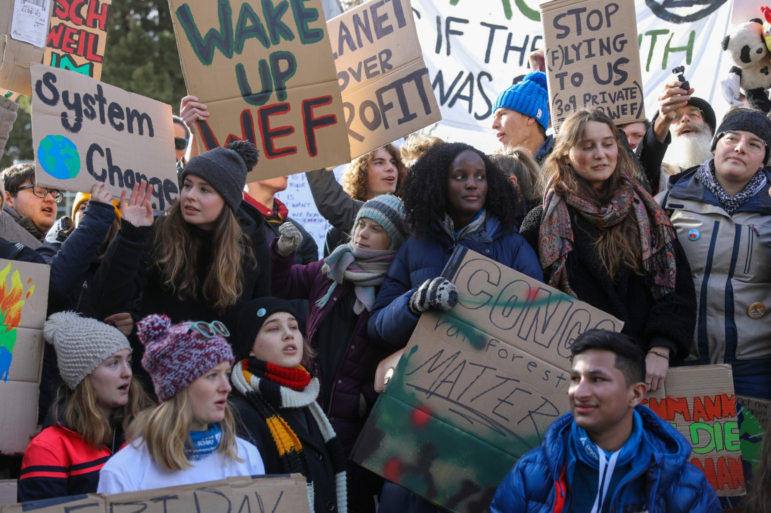 Vanessa Nakate, centre, pictured with other young activists, including Greta Thunberg on her right, during a climate protest in Switzerland