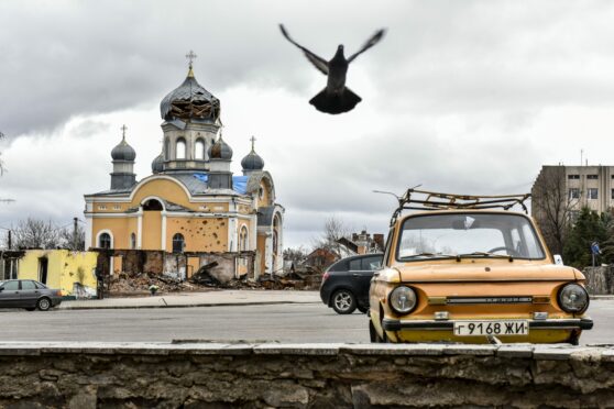 Damaged church of St. Godmothers Cover in Malyn, Ukraine.