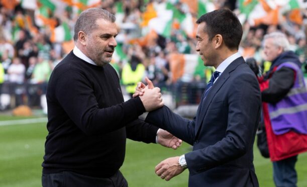 Ange Postecoglou and Old Firm adversary Giovanni van Bronckhorst at Hampden last Sunday