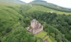 Aerial image of Castle Campbell at the head of the heavily wooded Dollar Glen in the Ochil Hills.