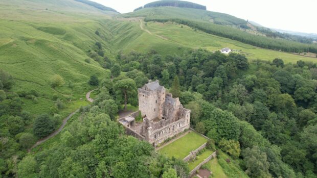 Aerial image of Castle Campbell at the head of the heavily wooded Dollar Glen in the Ochil Hills.