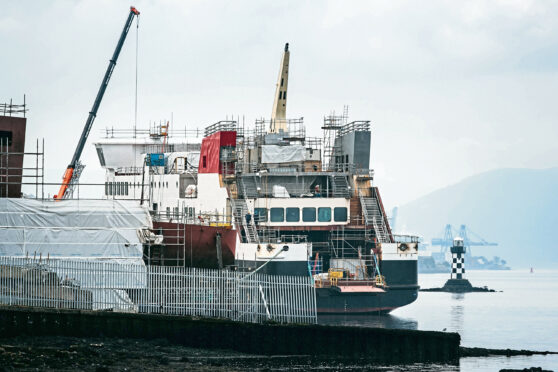 The CalMac ferry, Glen Sannox, still under construction at Ferguson ship builders, in Port Glasgow.