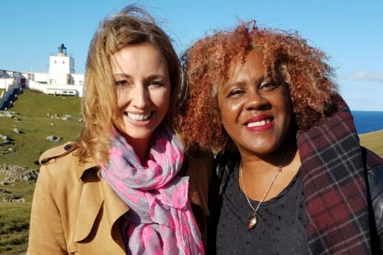 Errollyn Wallen, right, with presenter Claire McCollum when BBC’s Songs Of Praise visited her lighthouse home in 2016