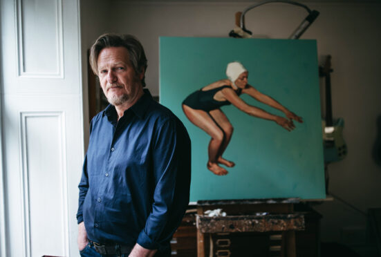 Musician and artist Steven Lindsay with one of his paintings at home in Glasgow