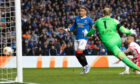 James Tavernier scores the vital opener in the semi-final against RB Leipzig at Ibrox, one of his seven goals in the tournament this season