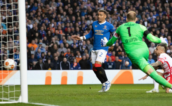 James Tavernier scores the vital opener in the semi-final against RB Leipzig at Ibrox, one of his seven goals in the tournament this season