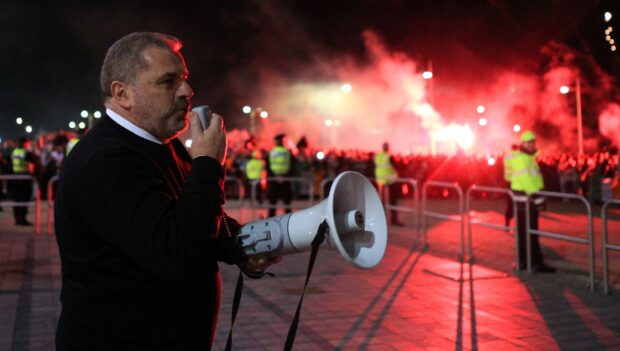 Ange Postecoglou addresses fans outside Celtic Park after returning from Dundee
