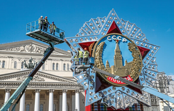 Workers install a giant order of the Victory for the upcoming the World War II Victory Day celebrations in Moscow, Russia, 05 May 2022.