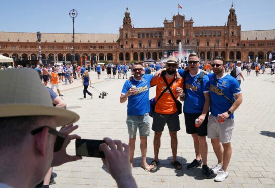 Rangers fans in the Plaza de Espana in Seville