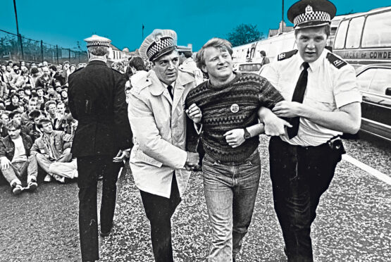 James Tierney, centre left, is arrested in Stepps during the miners’ strike in May, 1984. Tierney is still angry about his arrest and the police response to the miners’ strike