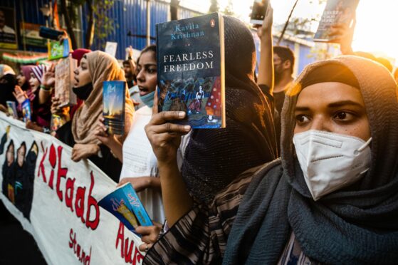 Muslim women protest against a hijab ban in some colleges in  
Karnataka in February this year
(Sankhadeep Banerjee)