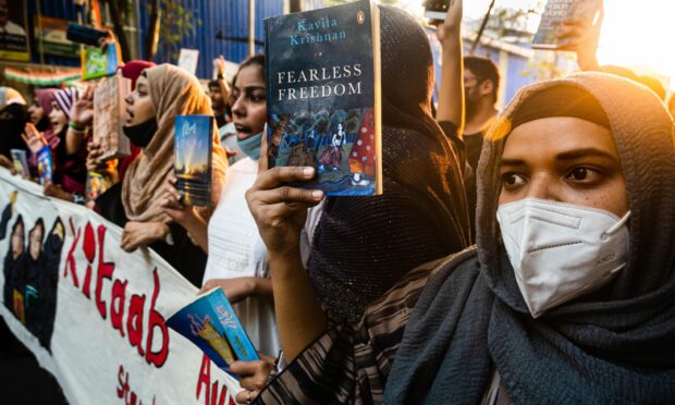 Muslim women protest against a hijab ban in some colleges in  
Karnataka in February this year
(Sankhadeep Banerjee)