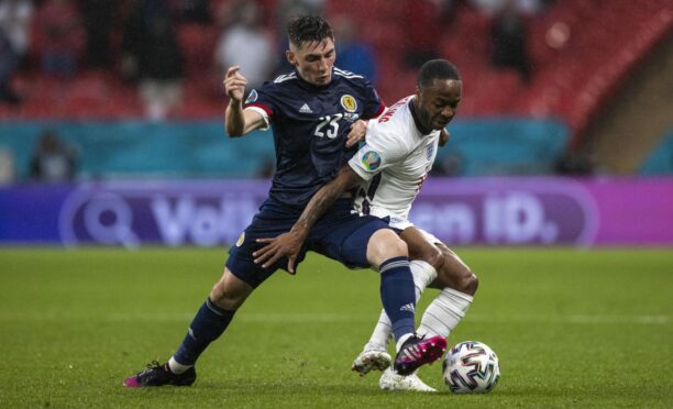 Billy Gilmour gets the better of England’s Raheem Sterling in the Euro 2020 tie at Wembley last June