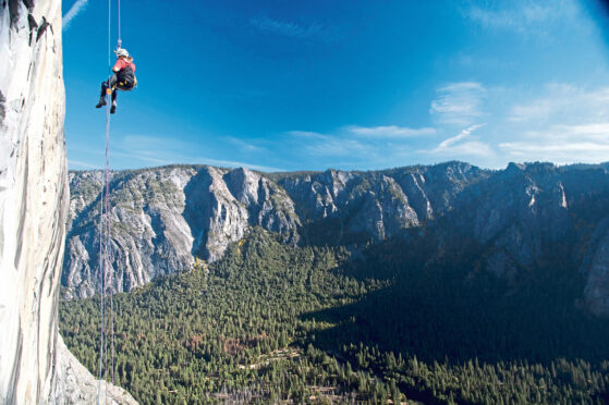 Karen Darke, left, scales the mighty rock-face of El Capitan which                   towers 3,600ft over the western end of Yosemite Valley in California in 2008.