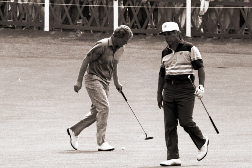 Monty and Lee Trevino on St Andrews’ 18th green during the 1990 Open.
