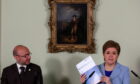 Patrick Harvie and Nicola Sturgeon speaking at a press conference in Bute House at the launch of new paper on Scottish independence