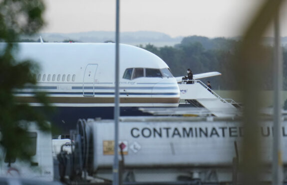 An aircraft at MoD Boscombe Down, near Salisbury, which was believed to be the plane set to take asylum seekers from the UK to Rwanda