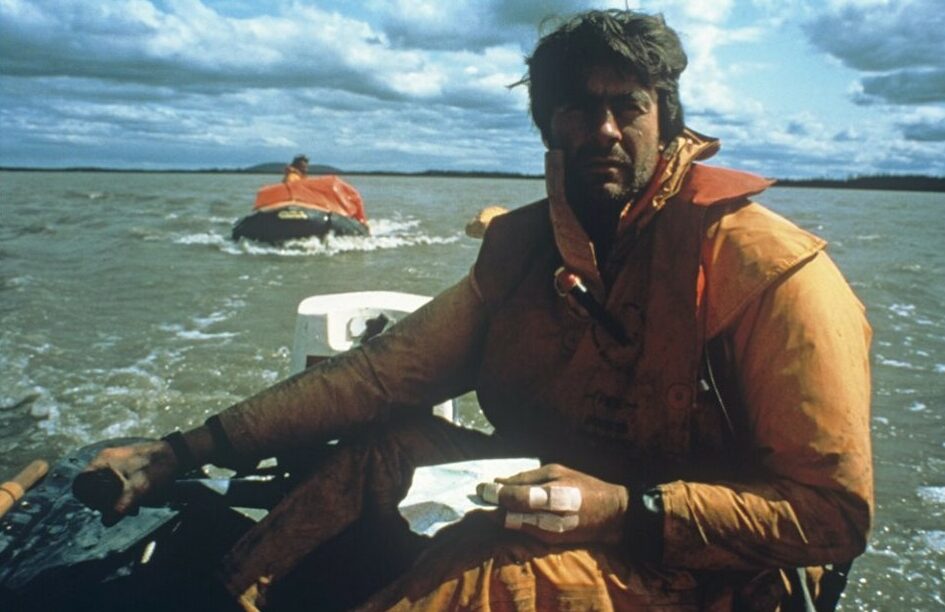 Sir Ranulph Fiennes in a boat 