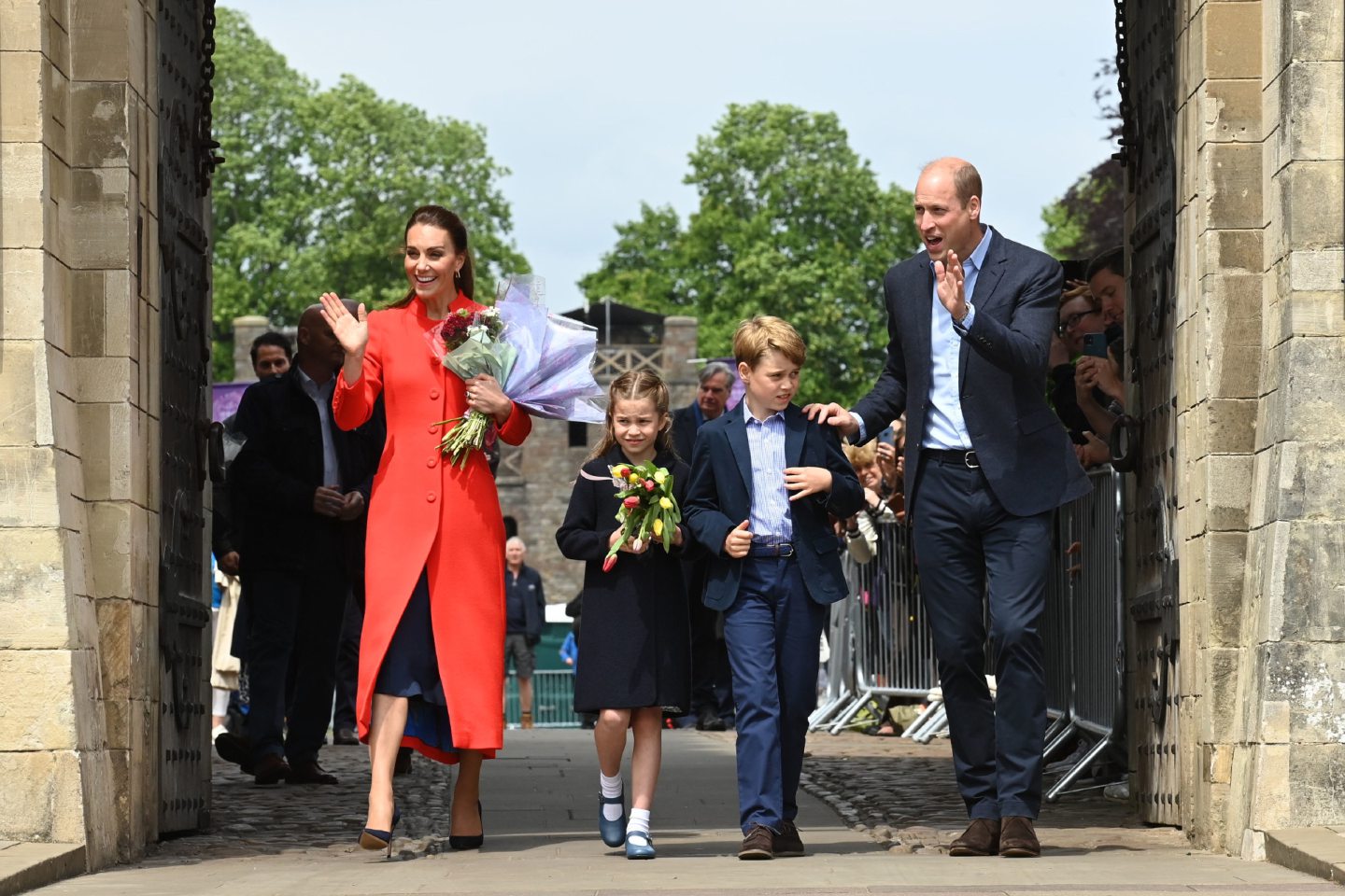 The Duke and Duchess of Cambridge, Prince George and Princess Charlotte during their visit to Cardiff Castle to meet performers and crew involved in the Platinum Jubilee Celebration Concert