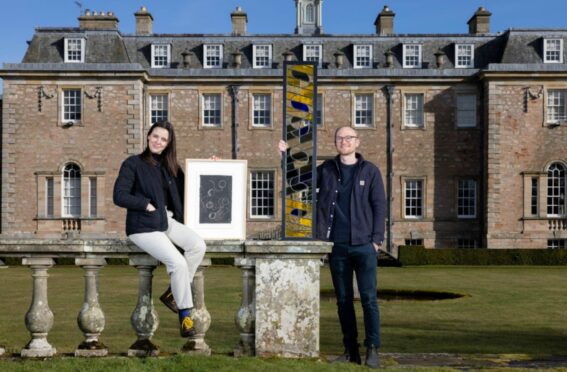 Artists Emma Hislop and Jack Brindley with their work at Marchmont House near Greenlaw
