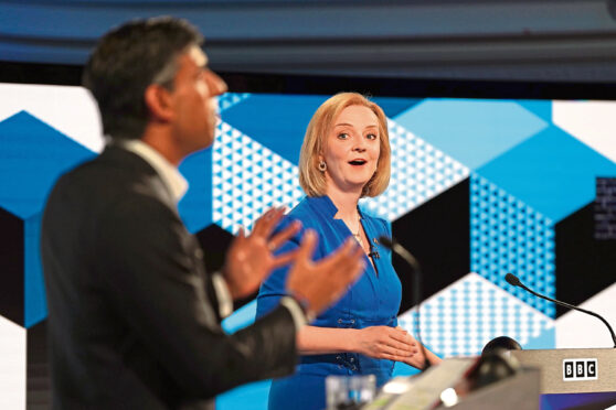 Rishi Sunak and Liz Truss taking part in the BBC Tory leadership debate live.