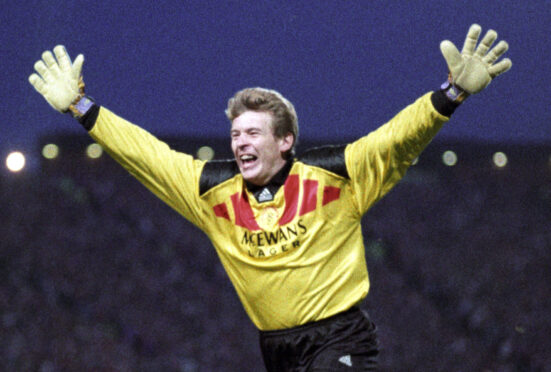 Andy Goram celebrates Rangers’ victory in the 1992 Skol Cup Final