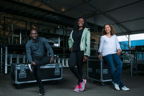 Sekou Louis, Juliet Enoch and Rezvan Faghani of Scottish Opera’s community chorus at studios in Glasgow