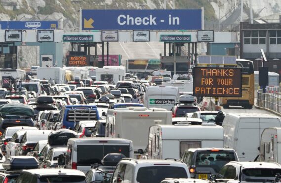 Drivers wait in long queues at Dover yesterday on one of the port’s busiest weekends of the year as tighter checks in France are blamed for delays and blamed on UK’s EU exit