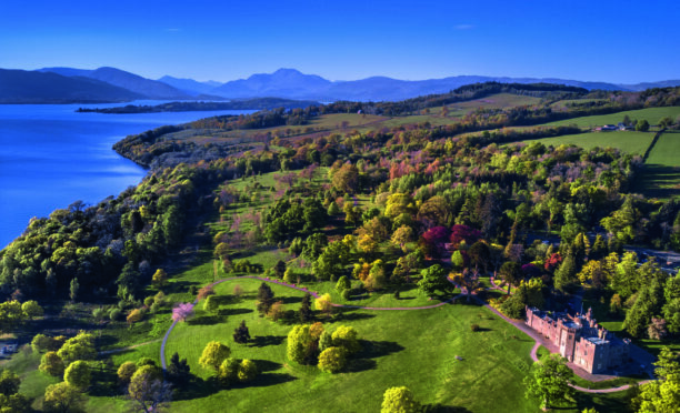 Aerial view of Loch Lomond and mountains in the distance