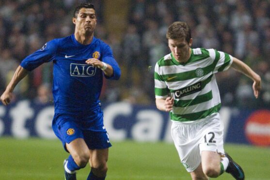 Mark Wilson shows Cristiano Ronaldo a clean pair of heels during Celtic’s Champions League meeting with Manchester United in 2008
