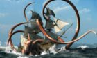 The legendary kraken sea monster envelops a ship