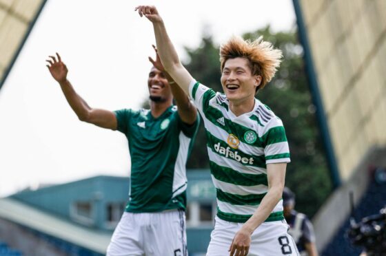 Kyogo Furuhashi and Moritz Jenz dance with delight after last Sunday’s 5-0 win over Killie at Rugby Park