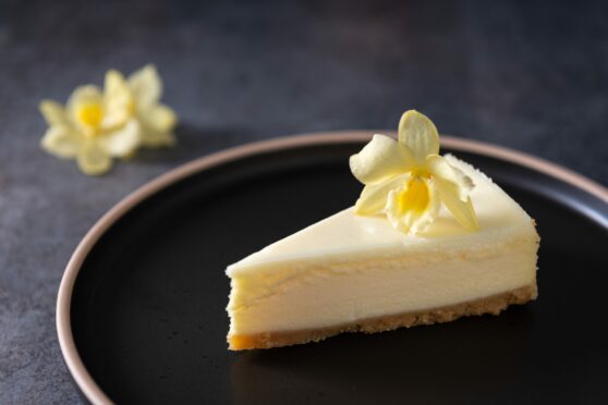 Homemade vanilla cheesecake decorated with vanilla flower