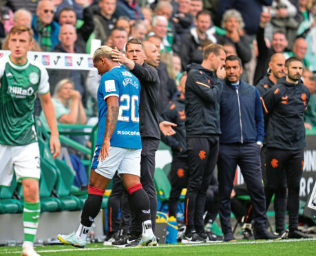 Alfredo Morelos is sent off at Easter Road, and Giovanni van Bronckhorst (far right) took action.