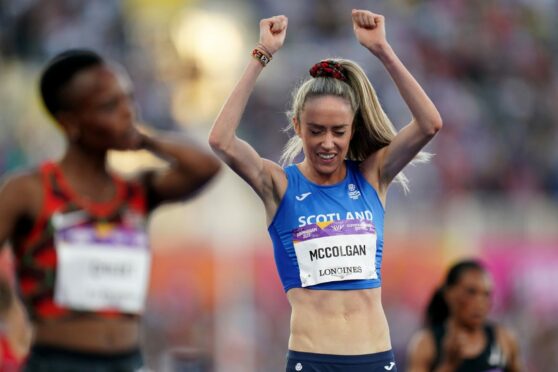 Eilish McColgan celebrates her second medal at the Commonwealth Games in Birmingham earlier this month