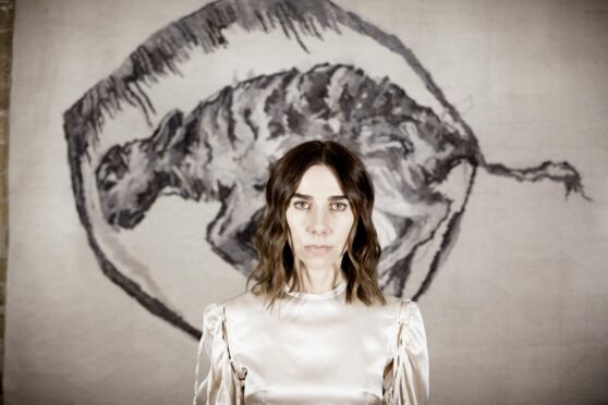 Musician PJ Harvey with lamb artwork from Orlam, her new book written Dorset dialect verse