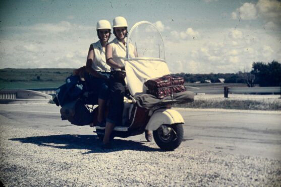 Globetrotting Joy Smith, front, and Betty Crozier on their Lambretta scooter in 1959.
