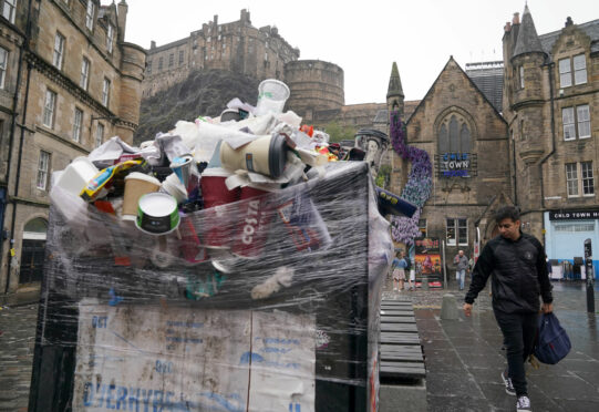 Overflowing bins in the Grassmarket area of Edinburgh