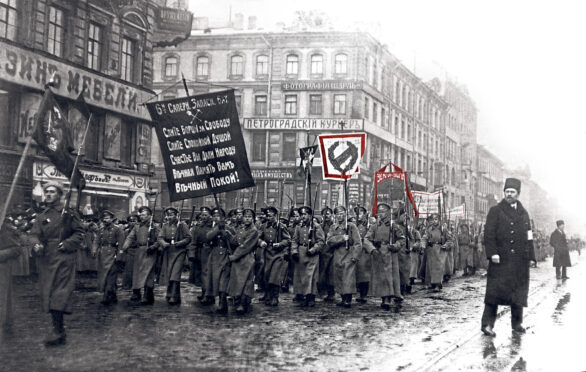 Protests on the day of the funeral of 182 people killed by Czarist police, on February 26, 1917 in St Petersburg, Russia