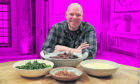 Celebrity chef Tom Kerridge with some dishes he made earlier – beef short rib stew, creamy celeriac and potato mash, braised kale and cavolo nero and crispy shallots – on the set of Sunday Lunch