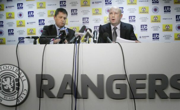Administrators David Whitehouse (left) and Paul Clark (right) during a press conference at Ibrox Stadium, Glasgow.