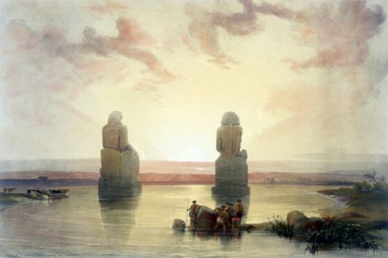 The Colossi of Memnon, statues of Pharaoh Amenhotep III, in Thebes, in 1848 painting by Scots artist David Roberts