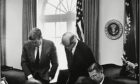 Left to right: U.S. President John F. Kennedy, U.S. Secretary of State Dean Rusk, U.S. Secretary of Defense Robert S. McNamara discuss the crisis at the White House