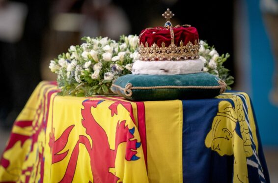 The Scottish crown rests on top of the coffin during the Service of Prayer and Reflection for the Life of Queen Elizabeth II at St Giles’ Cathedral, Edinburgh, on Monday