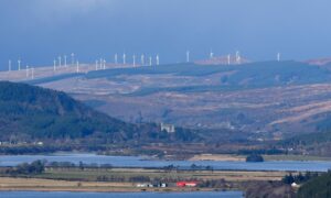 The wind farms in the hills above Rosehall and the Dornoch Firth in Sutherland.