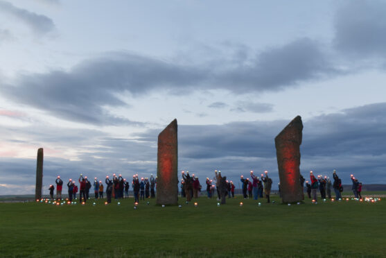 Standing Stones of Stenness circled in lights