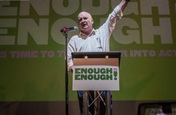 General Secretary of the RMT union, Mick Lynch, speaks at an Enough is Enough rally at the Clapham Grand. 50 rallies are planned around the UK.